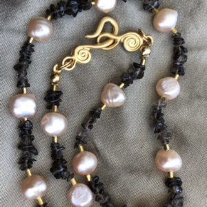 Apricot Pink Baroque Pearls and Smoky Quartz Necklace