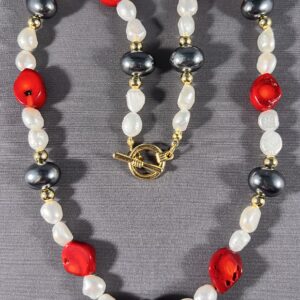 Lustrous Grey Pearl Beads & Red Bamboo Coral